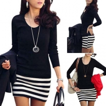 Fashion Striped Spliced Long Sleeve Round Neck Slim Fit Dress