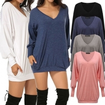 Fashion Solid Color Long Sleeve V-neck Loose T-shirt