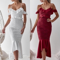 Sexy Off-shoulder V-neck Fishtail Hem Lace Spliced Sling Dress
