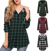 Fashion Long Sleeve Hooded Plaid Cardigan