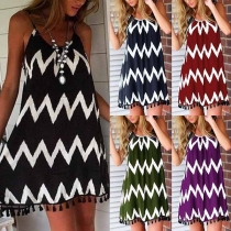 Sexy Backless Tassel Hem Wavy-striped Sling Dress