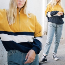 Fashion Contrast Color Long Sleeve Stand Collar Loose Sweatshirt