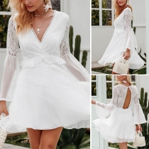 Sexy Backless V-neck Long Sleeve Lace Spliced Chiffon Dress
