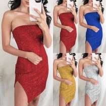 Sexy Strapless Slit Hem Slim Fit Sequin Party Dress