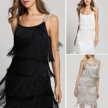 Sexy Backless Solid Color Sling Tassel Dress