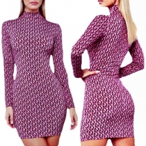 Fashion Long Sleeve Mock Neck Slim Fit Printed Dress