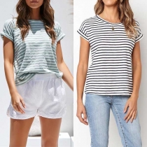 Fashion Short Sleeve Round Neck Striped T-shirt