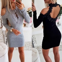 Sexy Backless Off-shoulder Long Sleeve Lace Spliced Slim Fit Dress
