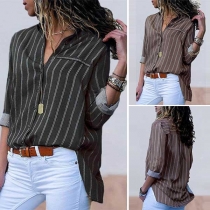 Fashion Long Sleeve POLO Collar Striped Shirt