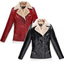 Fashion Plush Lining Long Sleeve Oblique Zipper PU Leather Coat
