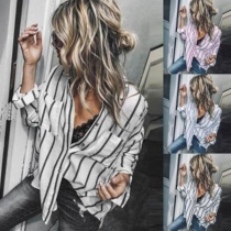 Fashion Long Sleeve POLO Collar Loose Striped Shirt