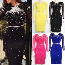Sexy Gauze Spliced Long Sleeve Round Neck Slim Fit Beaded Dress