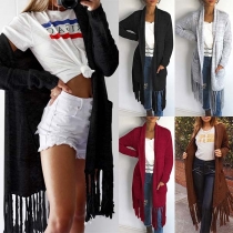 Fashion Solid Color Long Sleeve Tassel Hem Knit Cardigan 