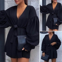 Sexy V-neck Lantern Sleeve Solid Color Dress