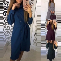 Fashion Solid Color Long Sleeve POLO Collar Shirt Dress