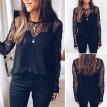 Fashion Lace Spliced Long Sleeve Round Neck Top