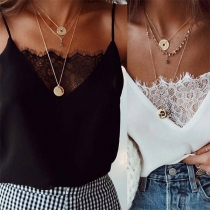 Sexy Backless Lace Spliced Solid Color Cami Top