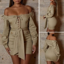 Sexy Off-shoulder Boat Neck Long Sleeve Lace-up Slim Fit Dress
