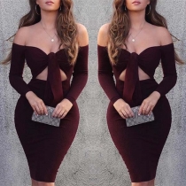 Sexy Off-shoulder Long Sleeve Hollow Out Knotted Tight Dress
