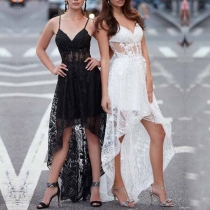 Sexy Backless V-neck High-low Hem Sling Lace Dress