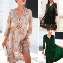 Sexy V-neck 3/4 Sleeve Sequin Spliced Party Dress