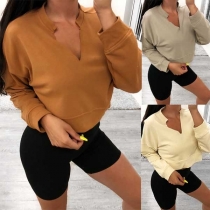 Fashion Solid Color Long Sleeve V-neck Short-style Sweatshirt