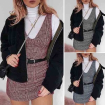 Sexy V-neck Sleeveless Slim Fit Plaid Dress