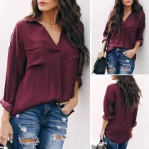 Fashion Solid Color Long Sleeve V-neck High-low Hem Blouse