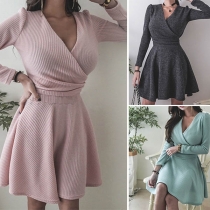 Sexy V-neck Long Sleeve Bowknot High Waist Knit Dress