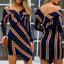 Fashion Contrast Color Deep V-neck Backless Long Sleeve Striped Over-hip Dress