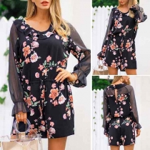 Fashion Contrast Color Long Sleeve Lotus Gauze Spliced Chiffon Romper