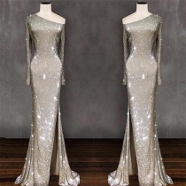 Sexy Solid Color One Shoulder Side Slit Slim Fit Longline Party Dress