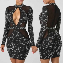 Sexy High Neck Cutout Rhinestone Sheer Mesh Spliced Slim Fit Dress