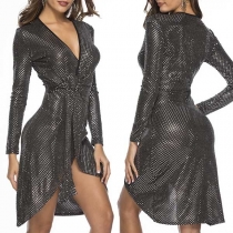 Sexy Deep V-neck Irregular Hem Long Sleeve Sequin Dress