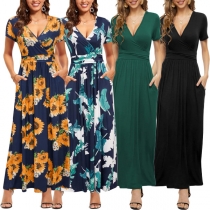 Fashion Short Sleeve V-neck Sunflower Printed Dress