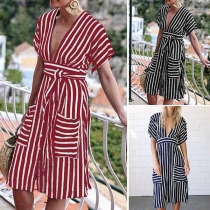 Sexy Backless V-neck Short Sleeve Striped Dress
