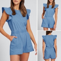 Fashion Lotus Sleeve Round Neck High Waist Denim Romper 