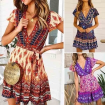 Sexy Deep V-neck Short Sleeve Printed Dress