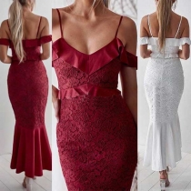 Sexy Off-shoulder V-neck Ruffle Slim Fit Sling Lace Dress