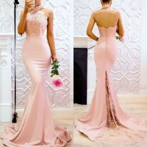 Sexy Backless Lace Spliced High Waist Halter Party Dress
