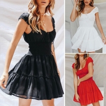 Fashion Solid Color Cap Sleeve U-neck High Waist Dress