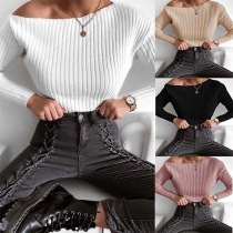 Sexy Oblique Shoulder Long Sleeve Solid Color Knit Top