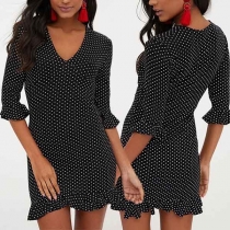 Fashion Half Sleeve V-neck Ruffle Hem Dots Printed Dress