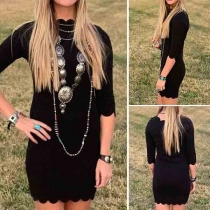 Fashion Solid Color 3/4 Sleeve Wavy Edge Slim Fit Dress