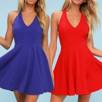 Sexy Backless Deep V-neck Solid Color Halter Dress