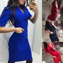 Elegant Solid Color Short Sleeve V-neck Slim Fit Dress