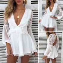 Sexy Backless Deep V-neck Lace Spliced Lantern Sleeve Romper