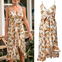 Sexy Backless V-neck High-low Hem Printed Sling Dress