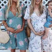 Bohemian Style Short Sleeve V-neck High Waist Printed Maternity Dress