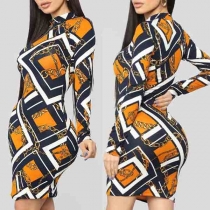 Fashion Long Sleeve Mock Neck Slim Fit Printed Dress